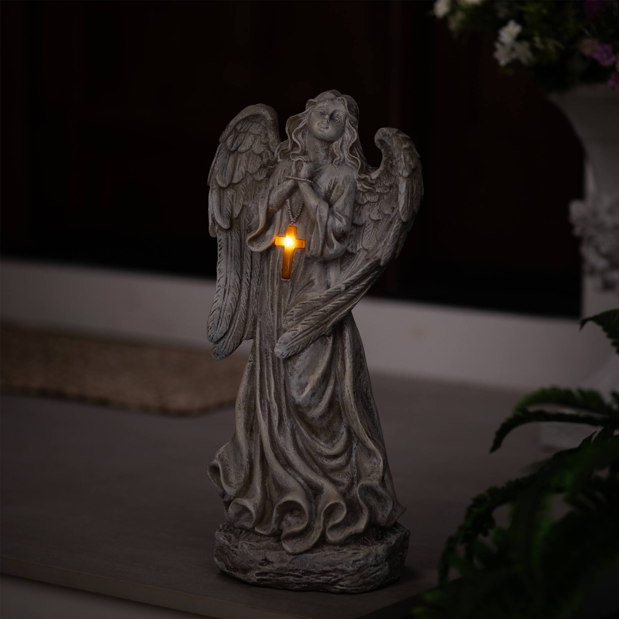 LED Solar Lighted Angel with Cross Garden Statue - 19"
